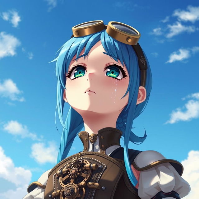 A captivating steampunk anime girl with vibrant blue hair and striking emerald green eyes, looking up at a clear blue sky with tears streaming down her face