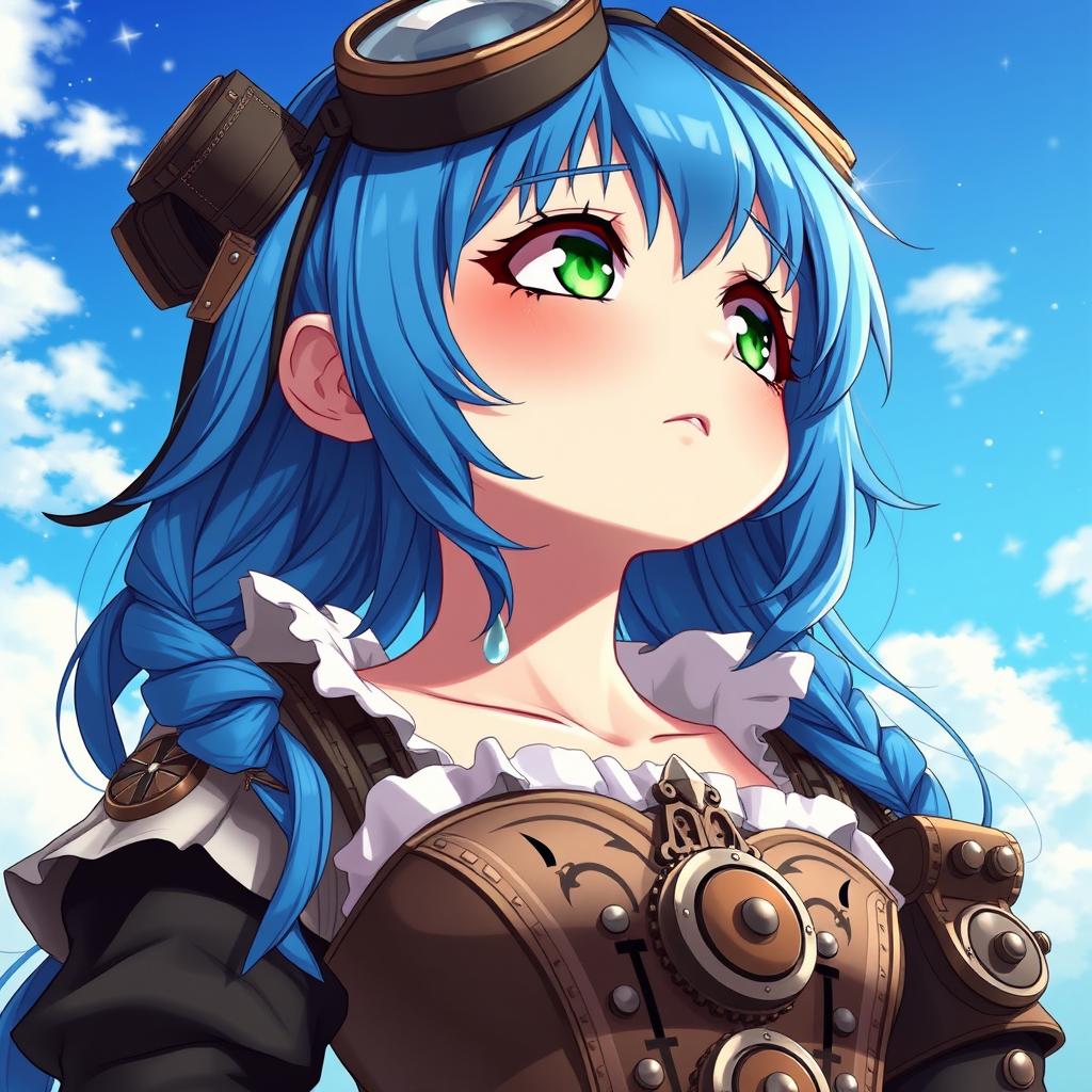 A captivating steampunk anime girl with vibrant blue hair and striking emerald green eyes, looking up at a clear blue sky with tears streaming down her face