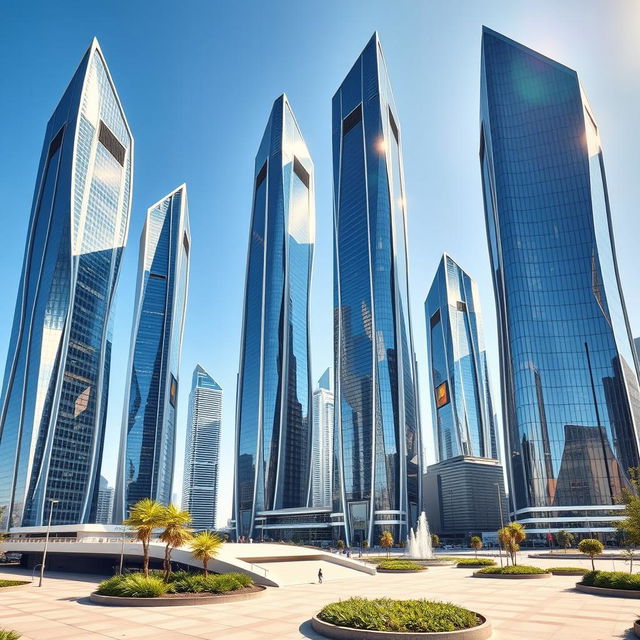A collection of tall skyscrapers with futuristic design, featuring glittering glass facades under bright sunlight