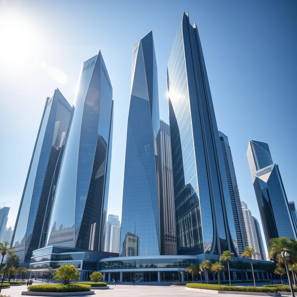 A collection of tall skyscrapers with futuristic design, featuring glittering glass facades under bright sunlight