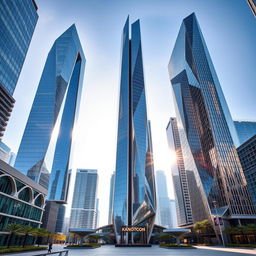 A collection of tall skyscrapers with futuristic design, featuring glittering glass facades under bright sunlight