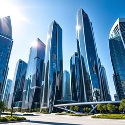 A collection of tall skyscrapers with futuristic design, featuring glittering glass facades under bright sunlight