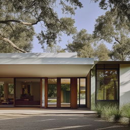 Mid-century modern architectural style home with minimalist design, open floor layout, flat planes and large glass windows