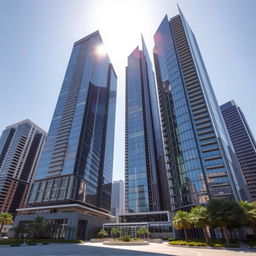 A group of tall skyscrapers featuring modern design, showcasing gleaming glass facades under bright sunlight