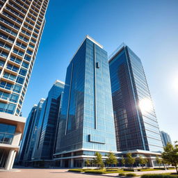 A group of tall skyscrapers featuring modern design, showcasing gleaming glass facades under bright sunlight
