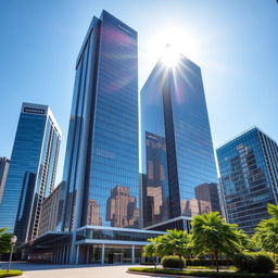 A group of tall skyscrapers featuring modern design, showcasing gleaming glass facades under bright sunlight