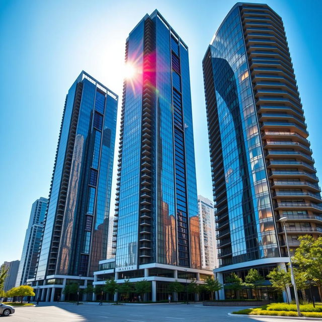 A group of tall skyscrapers featuring modern design, showcasing gleaming glass facades under bright sunlight