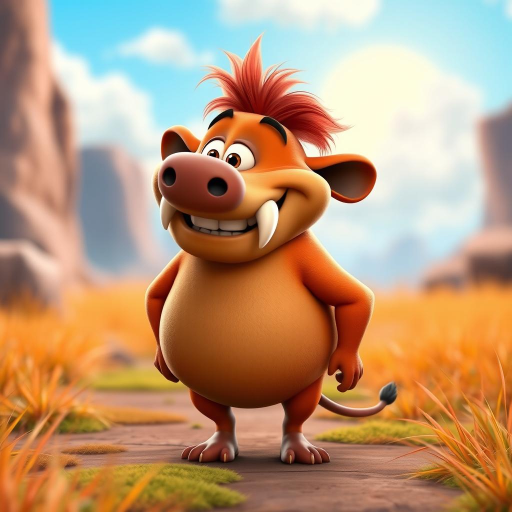 A 3D character design of Pumbaa from The Lion King