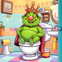 A humorous vector style illustration of King Wart, also known as Mamu, seated comfortably on a toilet