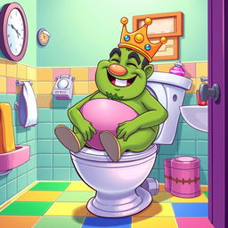 A humorous vector style illustration of King Wart, also known as Mamu, seated comfortably on a toilet