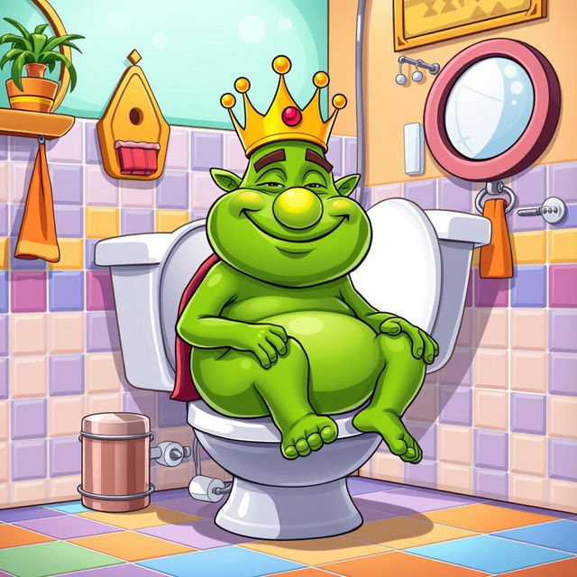 A humorous vector style illustration of King Wart, also known as Mamu, seated comfortably on a toilet