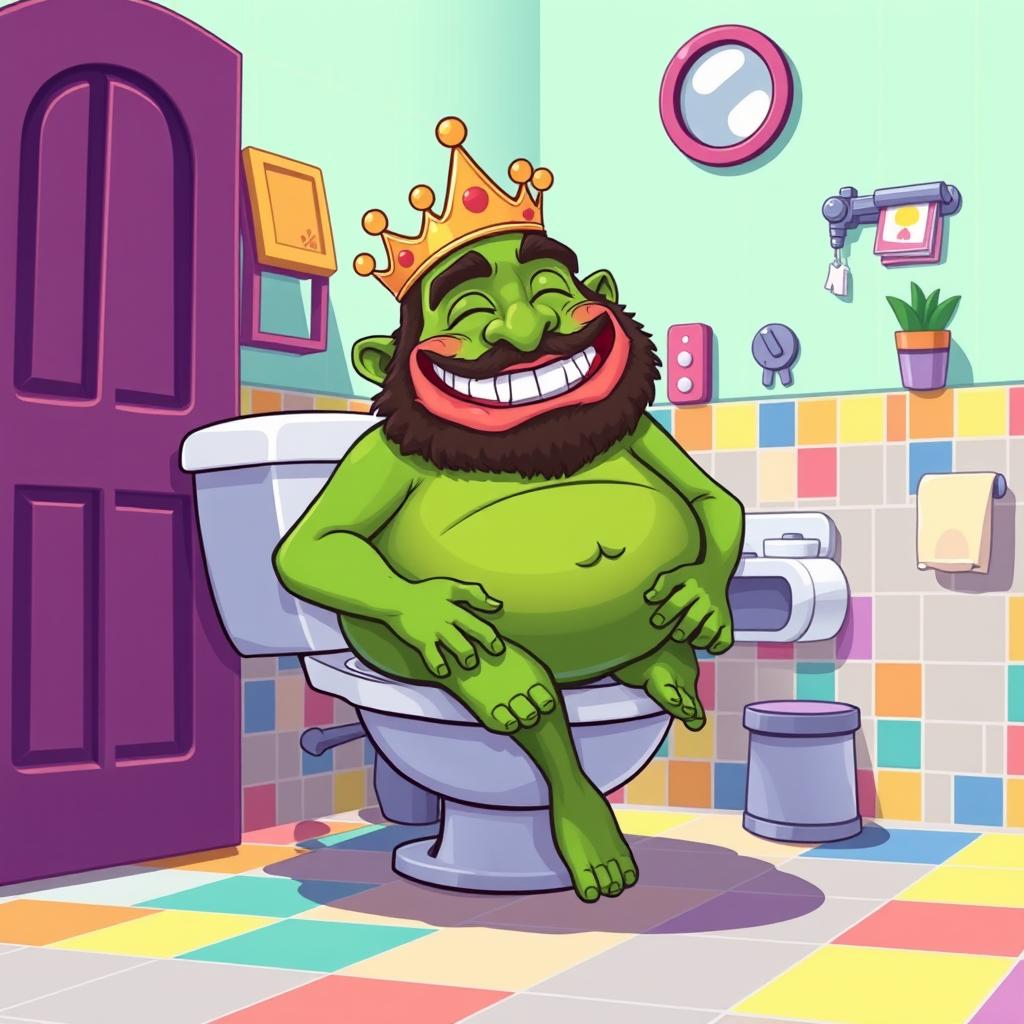 A humorous vector style illustration of King Wart, also known as Mamu, seated comfortably on a toilet