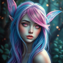 A breathtakingly gorgeous female fae with striking electric pink hair that transitions into soft blue hues, creating a mesmerizing and vibrant visual effect