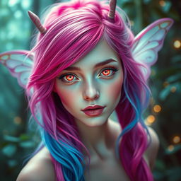A breathtakingly gorgeous female fae with striking electric pink hair that transitions into soft blue hues, creating a mesmerizing and vibrant visual effect