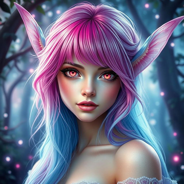 A breathtakingly gorgeous female fae with striking electric pink hair that transitions into soft blue hues, creating a mesmerizing and vibrant visual effect