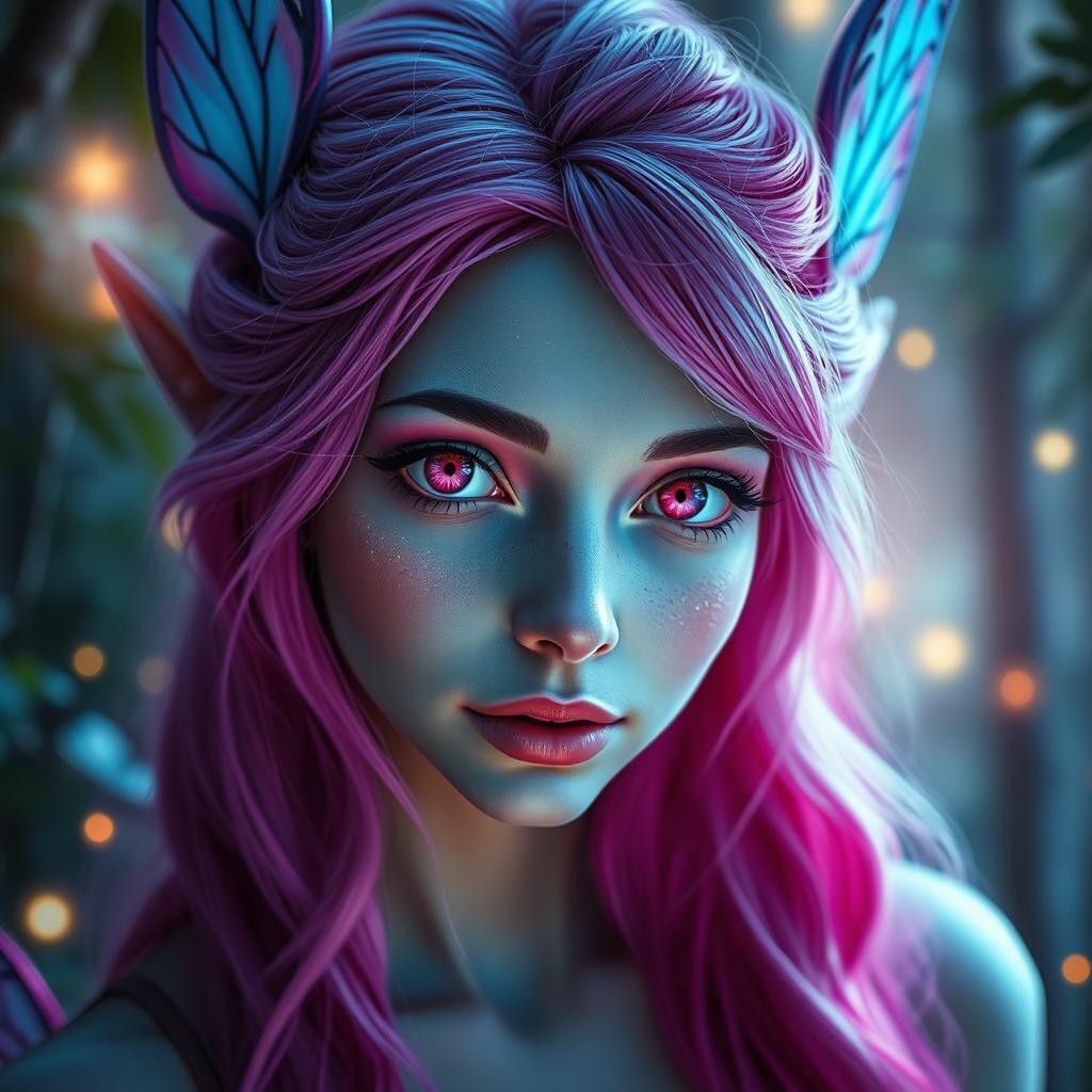 A breathtakingly gorgeous female fae with striking electric pink hair that transitions into soft blue hues, creating a mesmerizing and vibrant visual effect