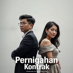A book cover titled 'Pernikahan Kontrak', featuring a couple standing back to back to depict discord