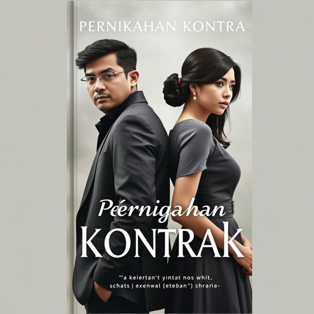 A book cover titled 'Pernikahan Kontrak', featuring a couple standing back to back to depict discord