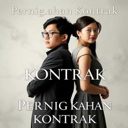 A book cover titled 'Pernikahan Kontrak', featuring a couple standing back to back to depict discord