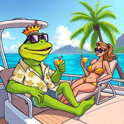 A cartoon illustration of King Wart, also known as Mamu, relaxing on a luxurious yacht