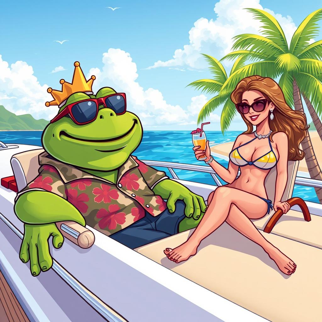 A cartoon illustration of King Wart, also known as Mamu, relaxing on a luxurious yacht