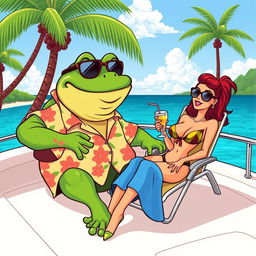 A cartoon illustration of King Wart, also known as Mamu, relaxing on a luxurious yacht