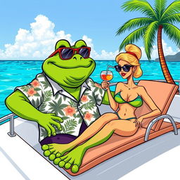 A cartoon illustration of King Wart, also known as Mamu, relaxing on a luxurious yacht