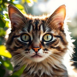 A close-up, artistic representation of a cat's face with striking green eyes, fluffy fur, and a curious expression