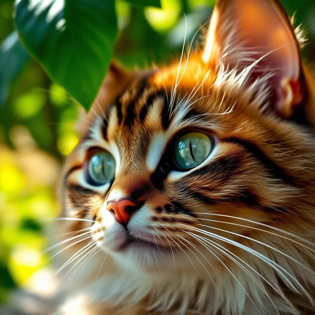 A close-up, artistic representation of a cat's face with striking green eyes, fluffy fur, and a curious expression