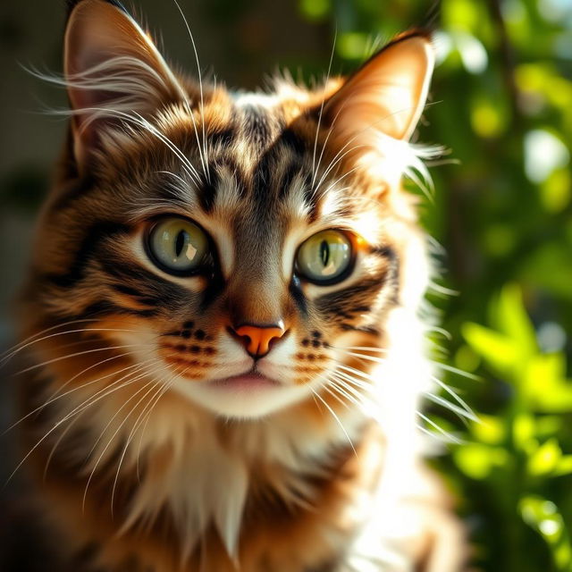 A close-up, artistic representation of a cat's face with striking green eyes, fluffy fur, and a curious expression