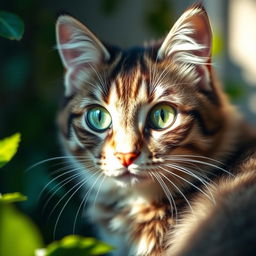 A close-up, artistic representation of a cat's face with striking green eyes, fluffy fur, and a curious expression