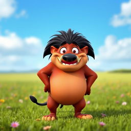 A 3D character design of Pumbaa from The Lion King, depicted standing on all fours with a chubby body shape