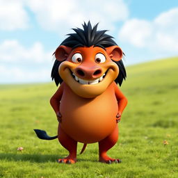 A 3D character design of Pumbaa from The Lion King, depicted standing on all fours with a chubby body shape