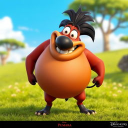 A 3D character design of Pumbaa from The Lion King, depicted standing on all fours with a chubby body shape