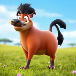 A 3D character design of Pumbaa from The Lion King, depicted standing on all fours with a chubby body shape