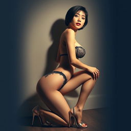 A captivating hot Korean model with short hair, showcasing her beautiful physique featuring big breasts and sexy legs