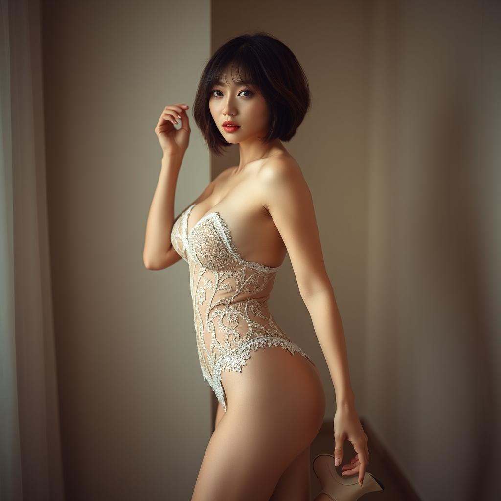 A captivating hot Korean model with short hair, showcasing her beautiful physique featuring big breasts and sexy legs