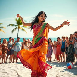 A vibrant scene depicting a confident woman dancing gracefully on a sun-kissed beach, wearing a colorful Indian saree that flows beautifully with her movements