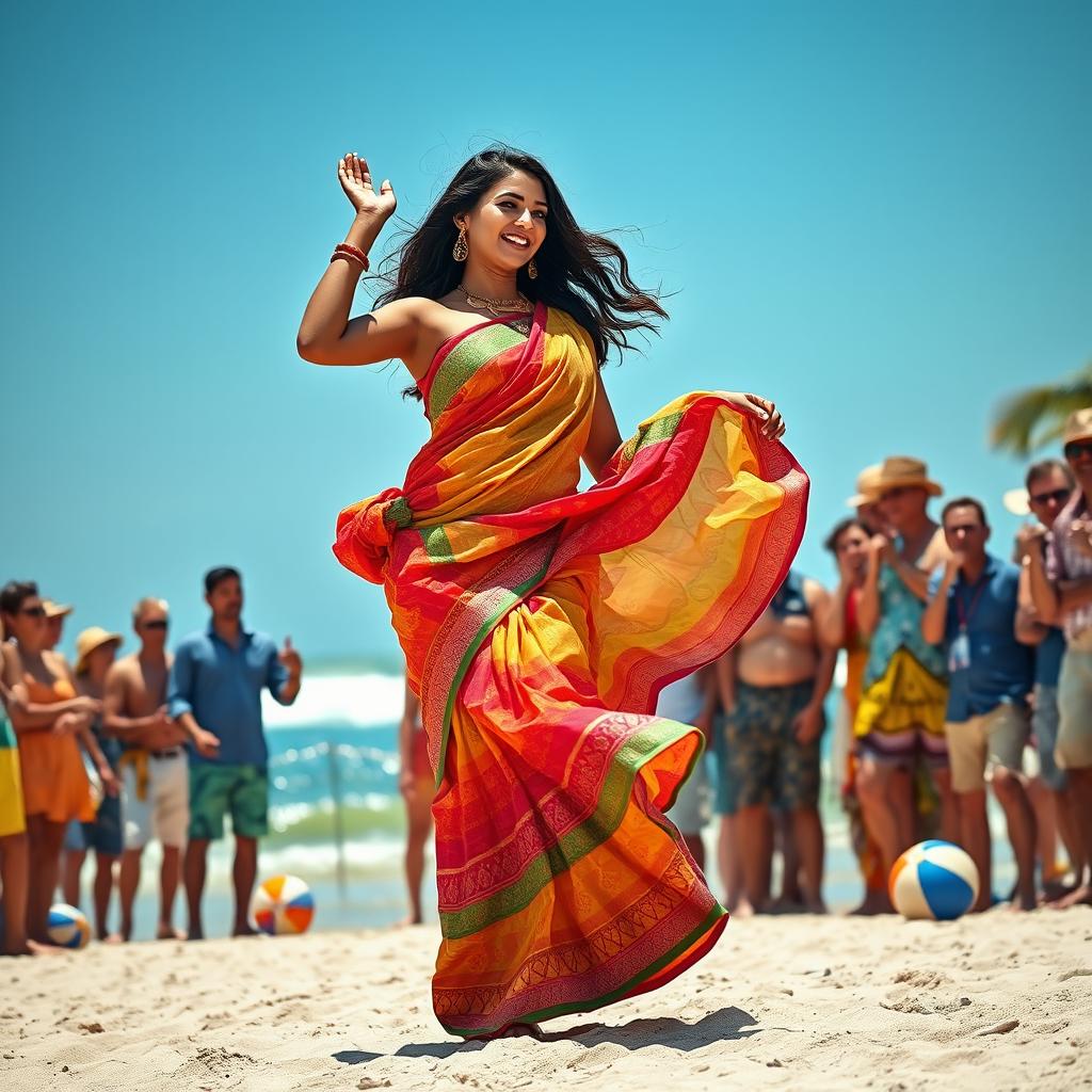 A vibrant scene depicting a confident woman dancing gracefully on a sun-kissed beach, wearing a colorful Indian saree that flows beautifully with her movements