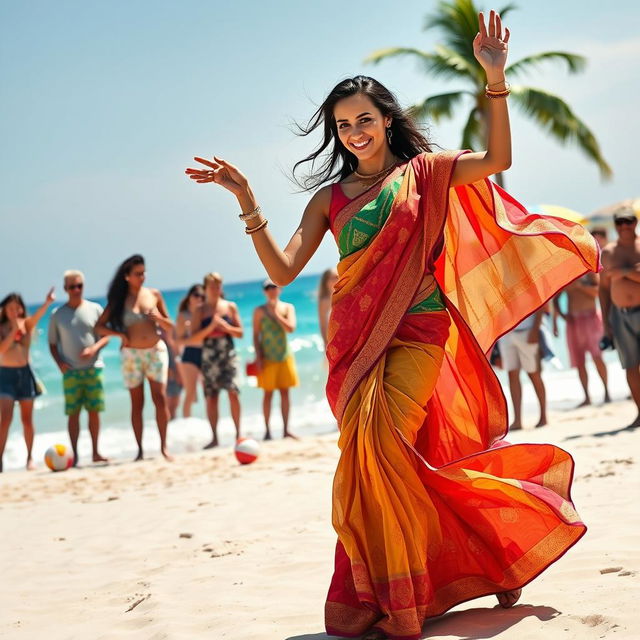 A vibrant scene depicting a confident woman dancing gracefully on a sun-kissed beach, wearing a colorful Indian saree that flows beautifully with her movements