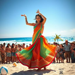 A vibrant scene depicting a confident woman dancing gracefully on a sun-kissed beach, wearing a colorful Indian saree that flows beautifully with her movements