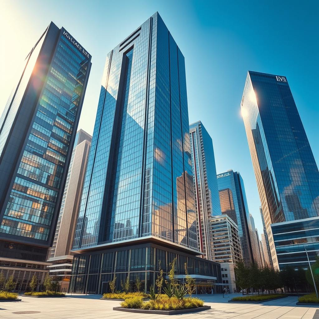 A collection of tall skyscrapers featuring modern design, showcasing shimmering glass facades under the sunlight