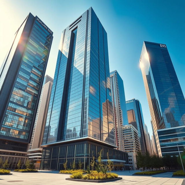 A collection of tall skyscrapers featuring modern design, showcasing shimmering glass facades under the sunlight
