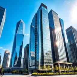A collection of tall skyscrapers featuring modern design, showcasing shimmering glass facades under the sunlight