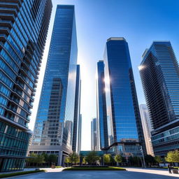 A collection of tall skyscrapers featuring modern design, showcasing shimmering glass facades under the sunlight