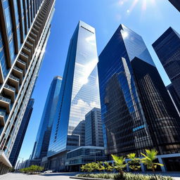A collection of tall skyscrapers featuring modern design, showcasing shimmering glass facades under the sunlight