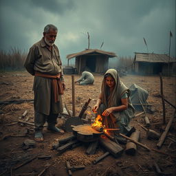 A vivid rural scene set in a landlord's field, depicting a humble woman (भूनगी) roasting grains over a small fire