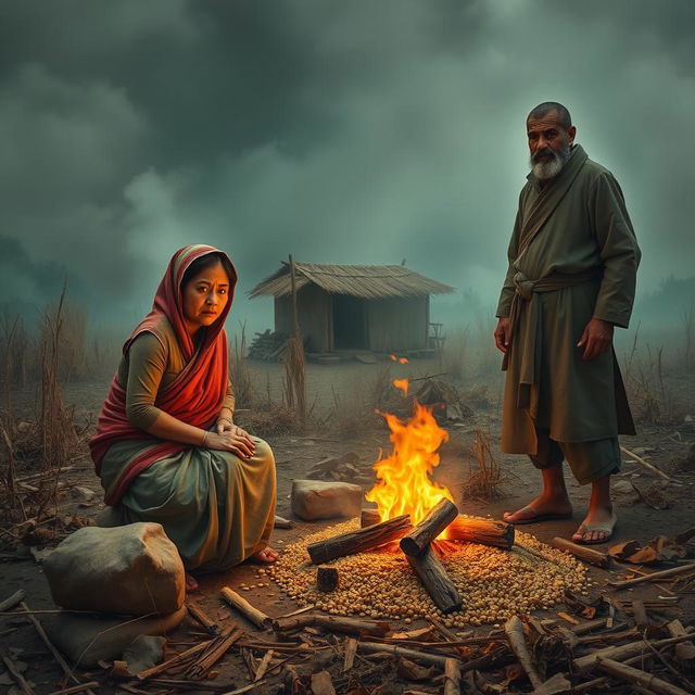 A vivid rural scene set in a landlord's field, depicting a humble woman (भूनगी) roasting grains over a small fire