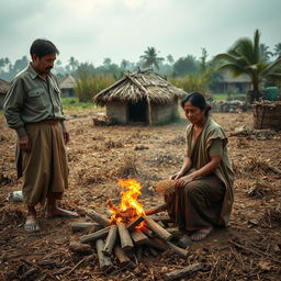 A vivid rural scene set in a landlord's field, depicting a humble woman (भूनगी) roasting grains over a small fire