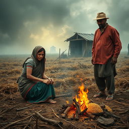 A vivid rural scene set in a landlord's field, depicting a humble woman (भूनगी) roasting grains over a small fire